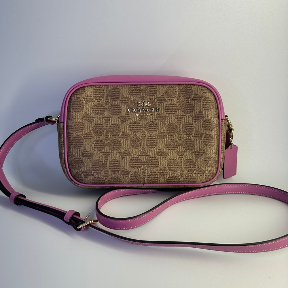 Coach Jamie Camera Bag Khaki Pink Signature Canvas‎ Shoulder Bag Excellent